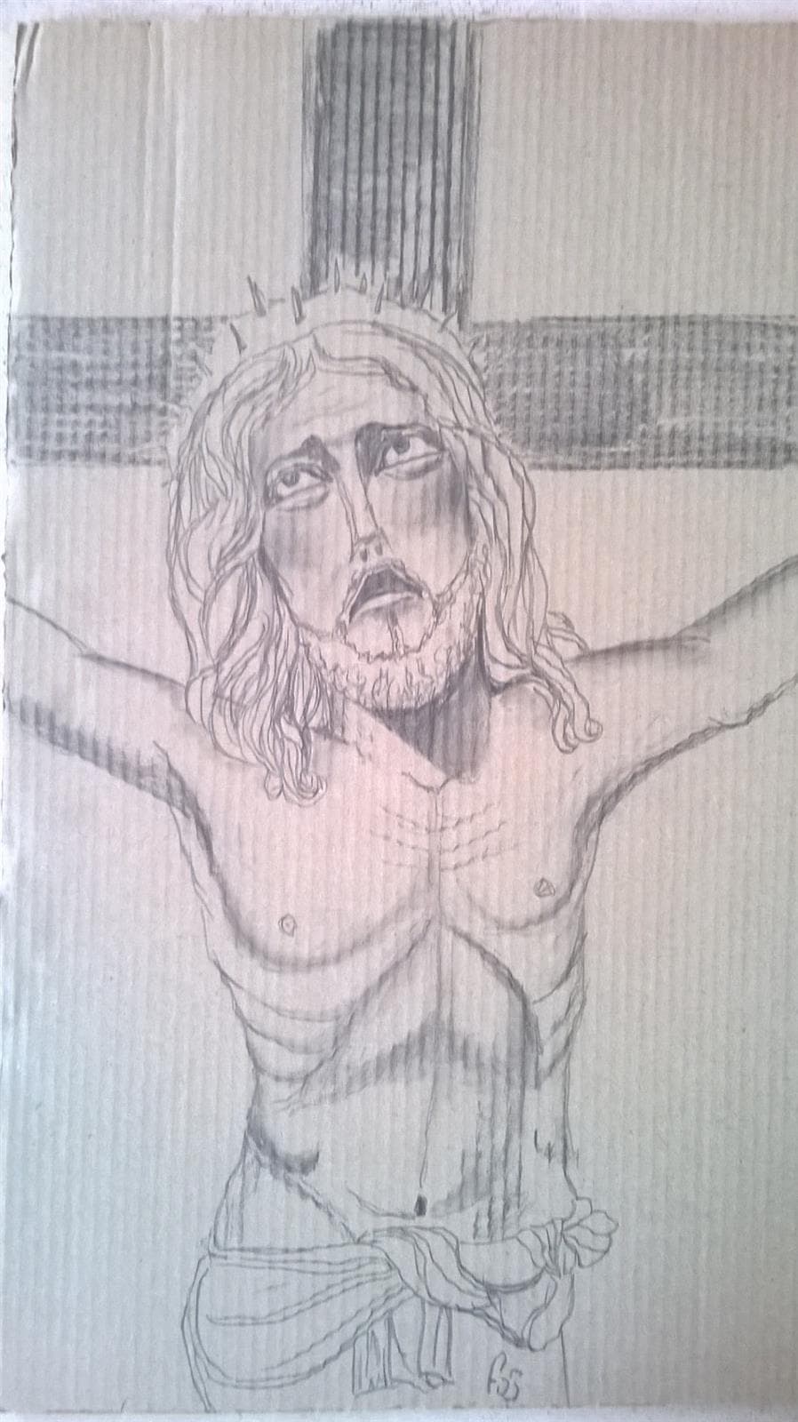 Christ en croix, Crayon sur carton ondulé, 2018