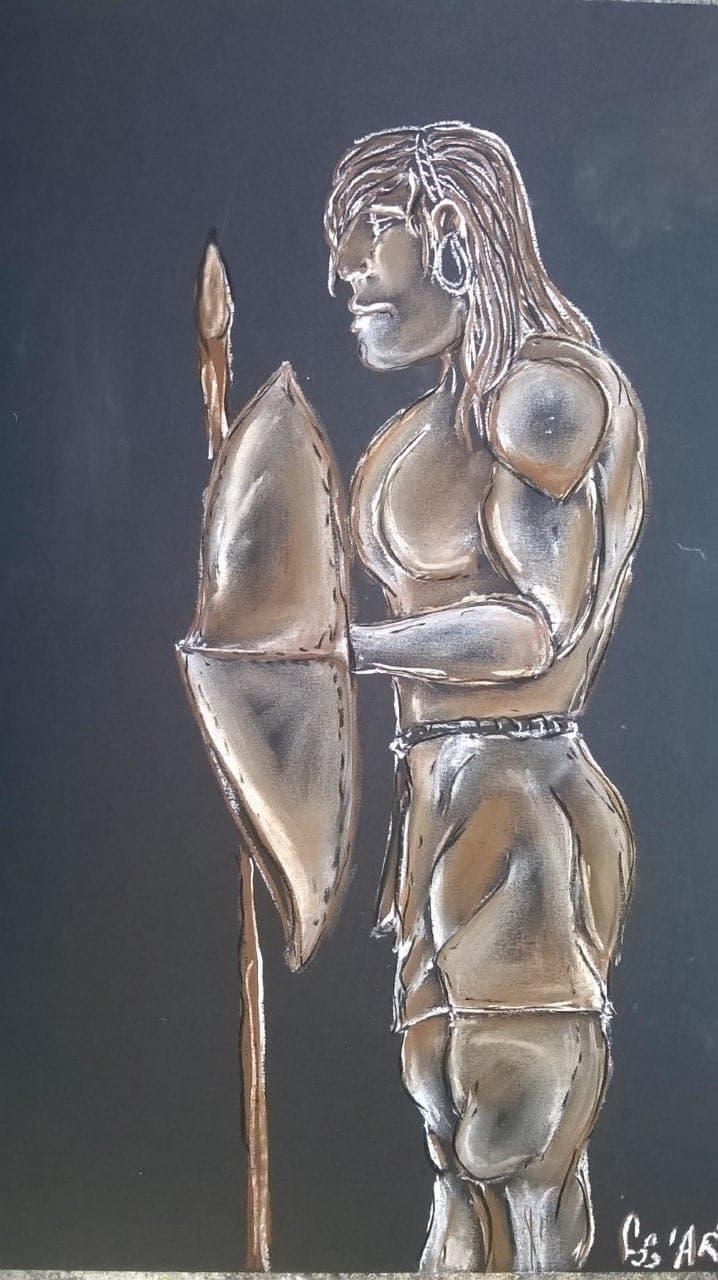 Guerrier, Fusain & rehauts ocre/blanc sur carton fond noir
