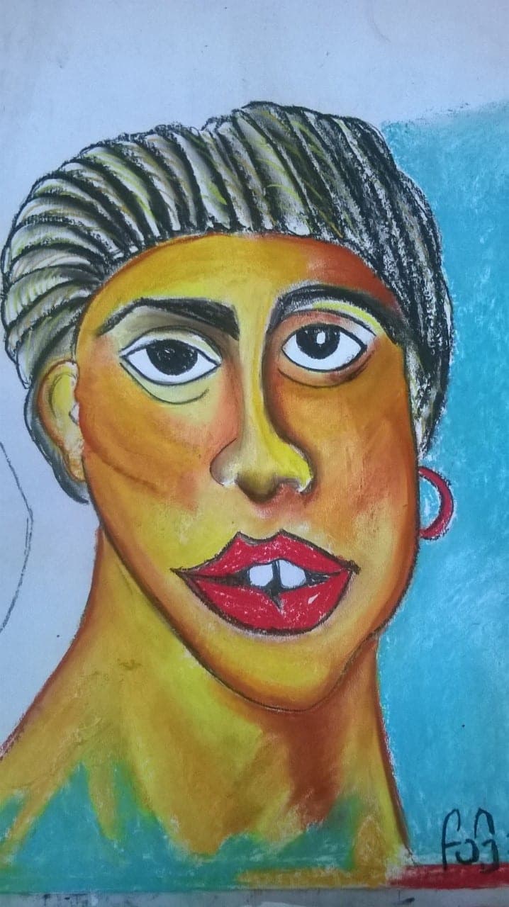 Portrait au fusain, Fusain noir & pastels sur carton